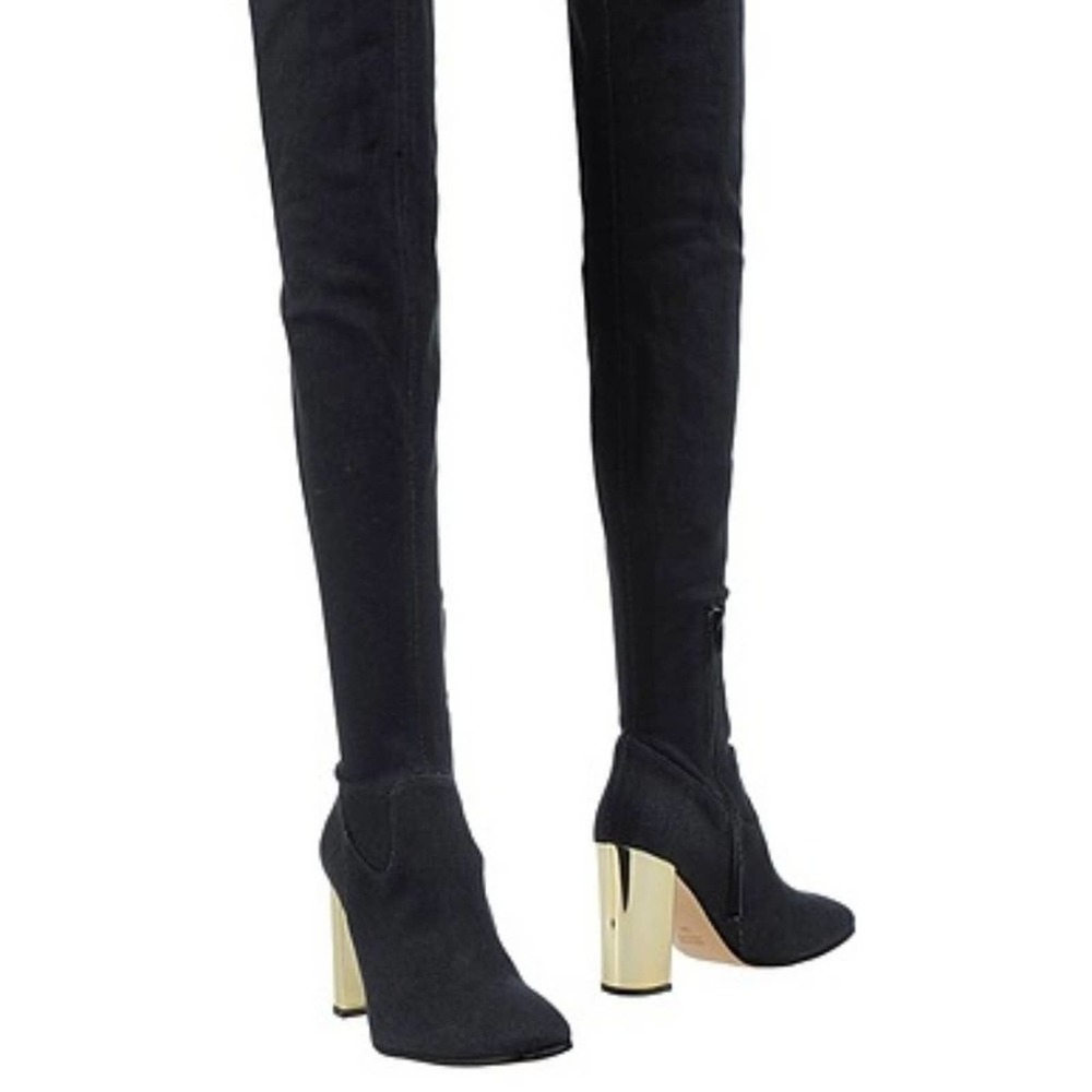 Spaziomoda Bogna Italy Black Stretch Denim Over The Knee Gold Block Heel Boots